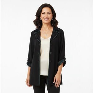 Ming Wang Black Teal Accent Open Front Cardigan - Large